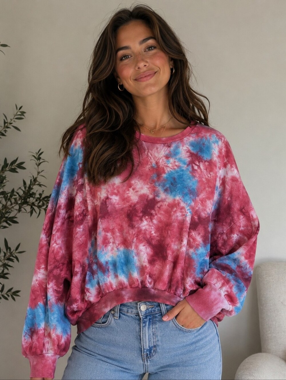 Young Fabulous & Broke Maroon & Light Blue Tie-Dye Pullover